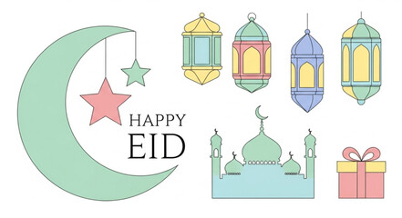 Happy Eid Mubarak Islamic Celebration Elements.