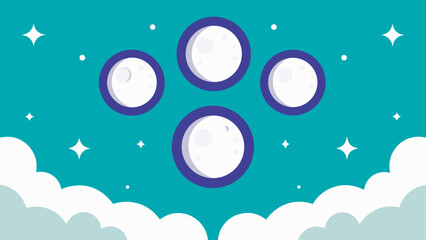 Dreamy sky illustration with purple rimmed moons clouds and stars on turquoise background evoking a sense of wonder and magic