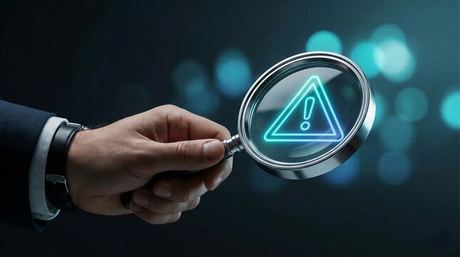 Businessman hand holding magnifying glass over glowing neon exclamation mark warning symbol for risk detection hazard warning error finding and crisis alert
