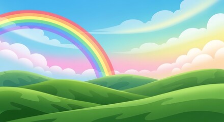 Obraz premium Vibrant rainbow arching over serene green hills under a pastel sky with fluffy white clouds