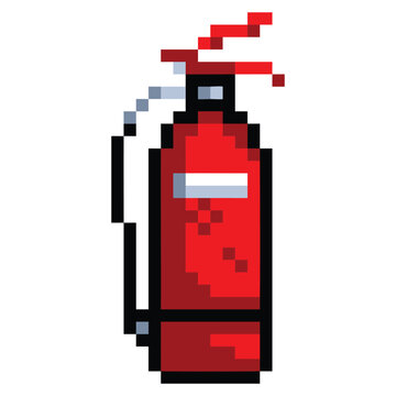 Fire extinguisher pixel art colorful illustration isolated on square white background.