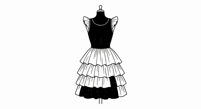 Black and white fashion sketch of a tiered, ruffled dress on a mannequin