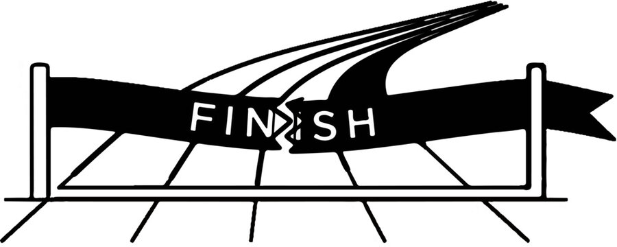 Black and white graphic of a finish line with the word "FINISH" and streamers