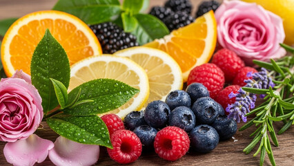 Vibrant Assortment of Fresh Berries, Citrus Fruits, and Edible Flowers.