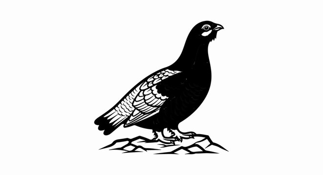 Black and white illustration of a grouse standing on rocky ground