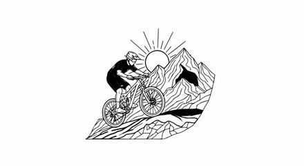 Black and white illustration of a mountain biker descending a rugged peak