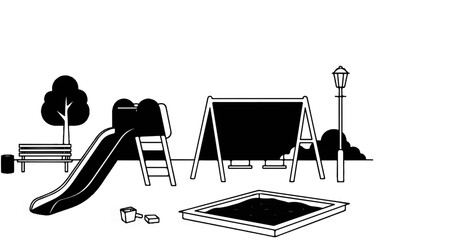 Fototapeta premium Black and white illustration of a park with a slide, swings, sandbox, tree, and bench