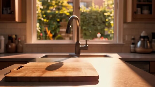 kitchen setting featuring a wooden cutting board and a faucet. The lighting changes throughout the day, highlighting the countertop and surrounding elements