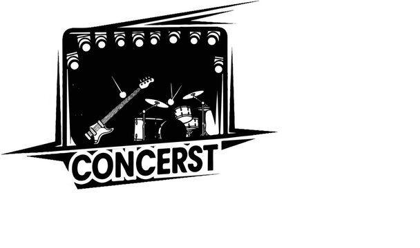 Black and white illustration of a music stage with a guitar and drum set