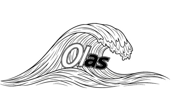 Black and white line art of a cresting wave with bold text "Olas" inside