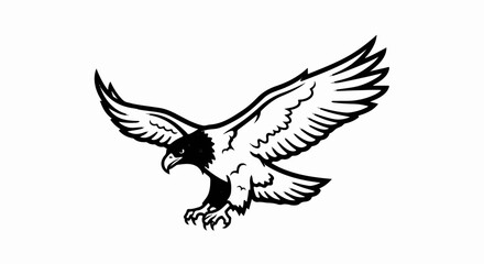 Fototapeta premium Black and white outline of an eagle in flight, wings spread wide