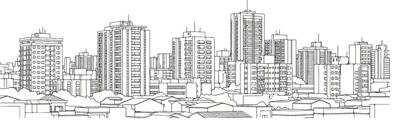 Obraz premium Black and white line drawing of a bustling city skyline with diverse buildings