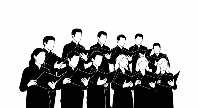 Black and white outline of a choir singing from sheet music