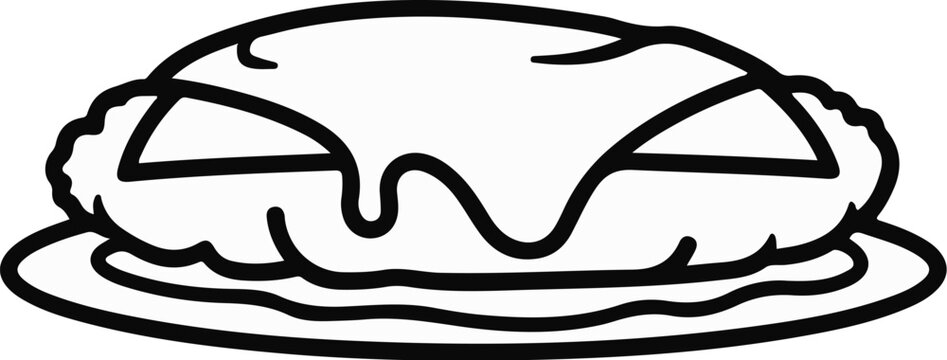 Black and white outline of a pie with dripping frosting on a plate