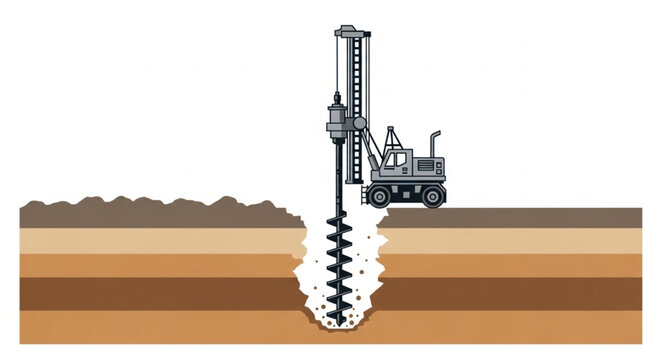 Heavy duty drilling machine boring into layered earth cross section.