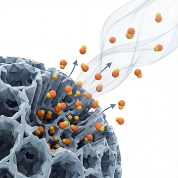 Advanced porous material capturing molecules, illustrating cutting-edge adsorption technology for filtration, purification, and environmental solutions