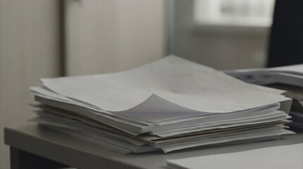 Stack of white paper on an office desk. Unfinished paperwork for business or casual administrative document management concept.