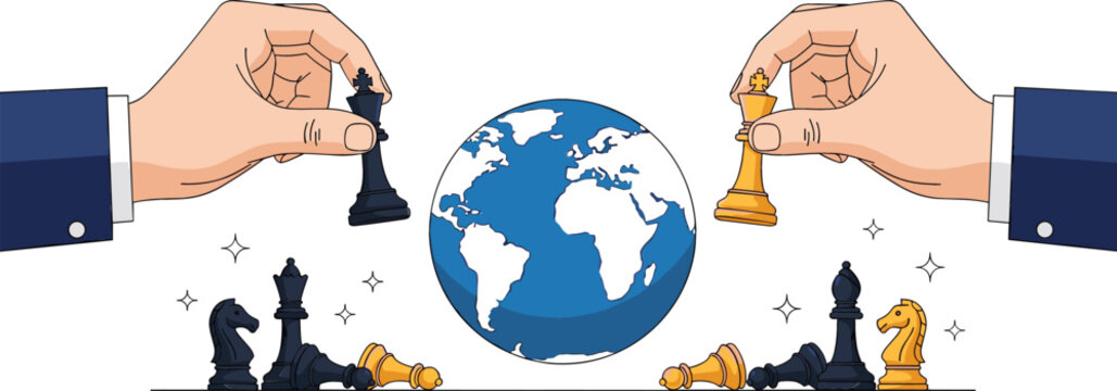 Global business strategy and geopolitics concept with hands moving chess pieces over earth globe for international competition, success, leadership, and management planning.