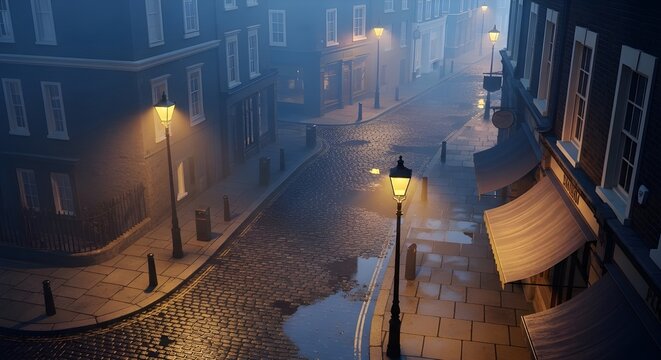 High angle view of a foggy European street at night with wet cobblestones and glowing vintage lamps.