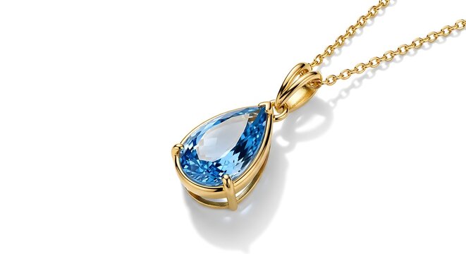 Gold pendant necklace featuring a pear-shaped blue topaz gemstone