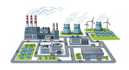 Industrial complex with different energy sources illustration. © Diati