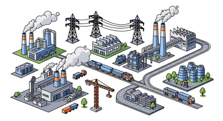 Industrial complex with factories power lines and train. © Diati