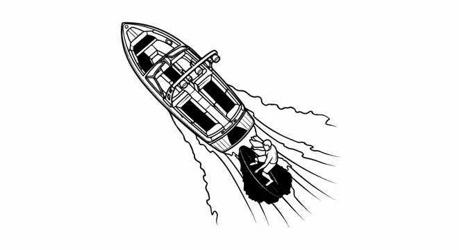 Boat tows person wakeboarding on black board creating splash