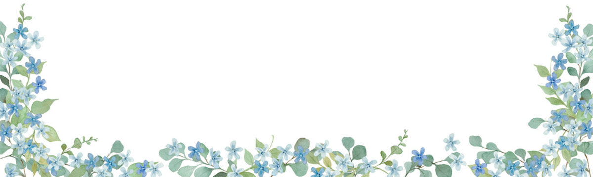 Watercolor Blue Star Flower and Eucalyptus Floral Footer and Corner Frame-300dpi-