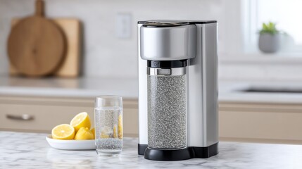 Sleek Modern Water Filtration System with Glass and Lemon Slices in Bright Kitchen Setting