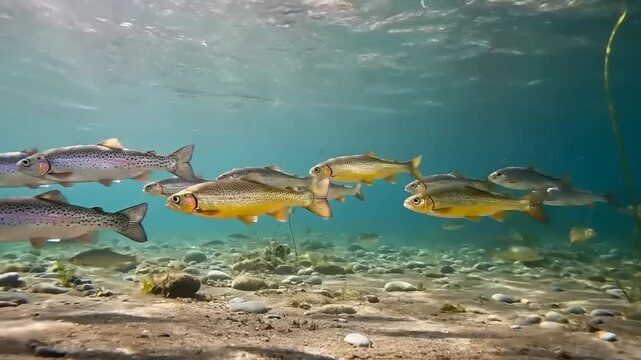 School of Fish Swimming Underwater in Clear Water.
