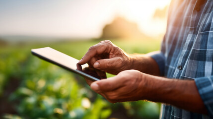 Hands using AI technology on smart device, crop farmer improving farming efficiency shown clearly, agricultural processes with digital innovation visible, farming environment with