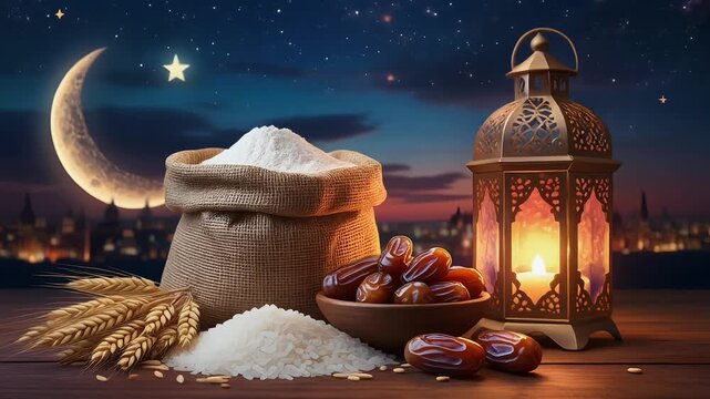 A traditional Islamic Iftar spread featuring essential food items and a decorative lantern, set against a backdrop of a crescent moon and city skyline