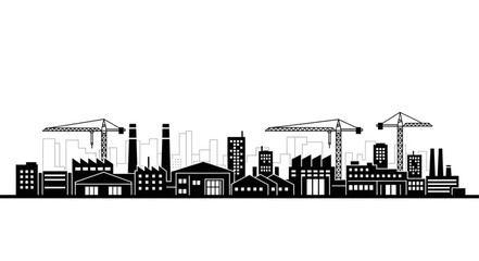 Obraz premium Industrial cityscape silhouette with factories and cranes.