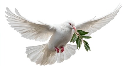 Fototapeta premium A serene white dove in flight gracefully carries a sprig of green leaves, symbolizing peace and