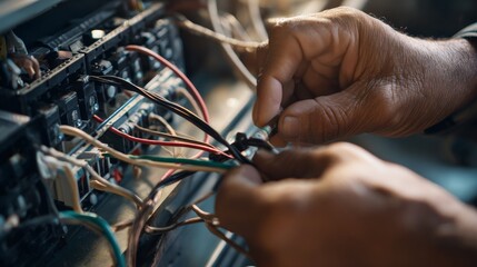 Obraz premium Technician adjusting electronic control box wiring for industrial automation