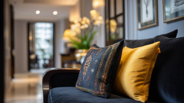 Close-up Black family luxury living room, high-end interior with curated art display, sophisticated household with velvet furniture shown, relaxed premium environment with ambient