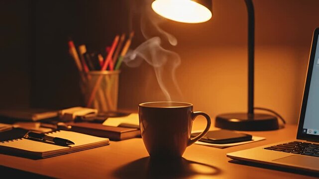 Desk setup with laptop, notebook, pen, pencils, cup of coffee and lamp, warm light