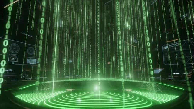 Futuristic digital data streams with binary code and holographic technology in green light