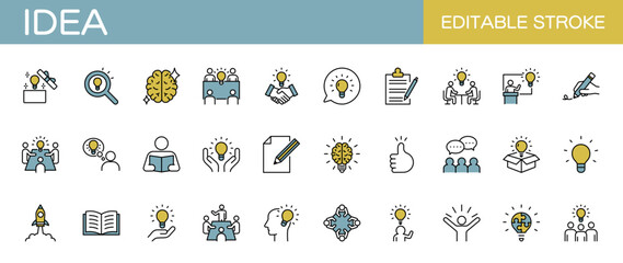 アイデア・インスピレーション・ビジネスに関するラインアイコンセット（線幅変更可能・カラー）