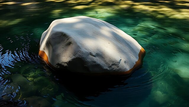 A massive weathered boulder resting at the bottom of a clear, deep pool. travel magazines, destination branding, wall prints, designed for travel destination branding, used by teachers.