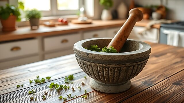  A rustic stone mortar and pestle with green herbal paste on a wooden table in a cozy kitchen. menu design, packaging mockups, designed for culinary blogs and recipe cards for restaurants.