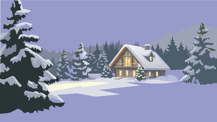 Cozy snow covered holiday lodge with lanterns and garlands in a serene winter landscape at dusk