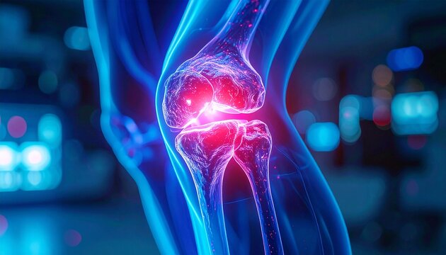Medical illustration of a knee joint with pain highlighted in red. The image shows the inner workings of the joint and emphasizes the discomfort