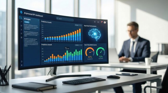 Businessman analyzing AI-powered KPI dashboard on modern office computer