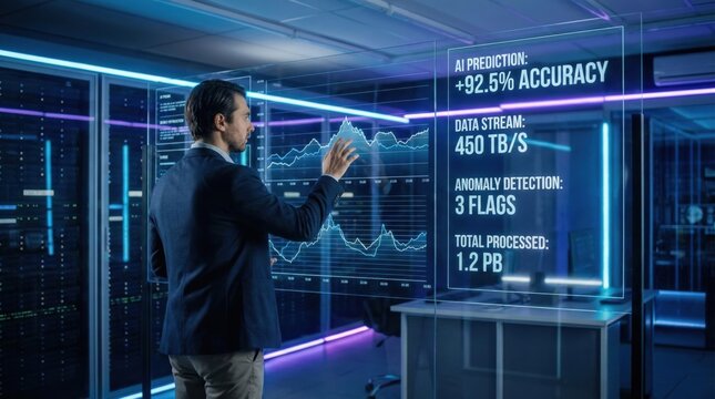 Businessman analyzing AI data on futuristic screen in modern server room