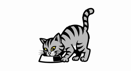 Fototapeta premium Cartoon grey striped cat eating from a bowl