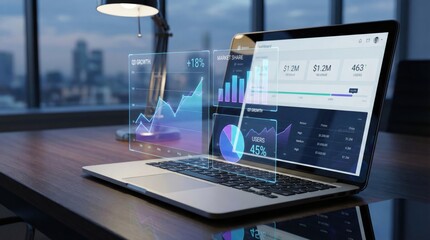 Business analytics on modern laptop with growth charts and graphs