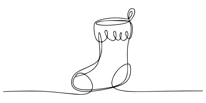 Christmas Stocking with Trim continuous one line drawing, Christmas sock for gifts. Christmas stocking stuffer continuous one line drawing. Christmas sock icon. Single line drawn background. Vector.