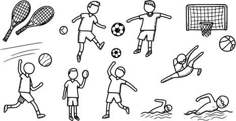 Hand-drawn doodle collection of various sports activities and equipment, including football, tennis, basketball, volleyball, swimming, and diving. © evalova