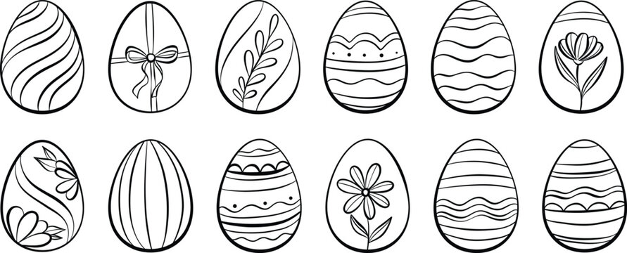 Line art Easter eggs, decorated vector clip art hand drawn egg collection